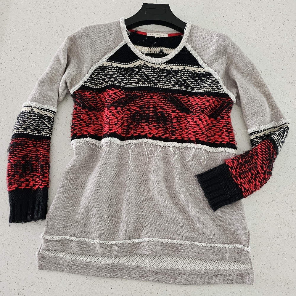 SOLD Hint of Mint Knit Sweater Raw Hem Sweatshirt Red Black Cream FP Size Small